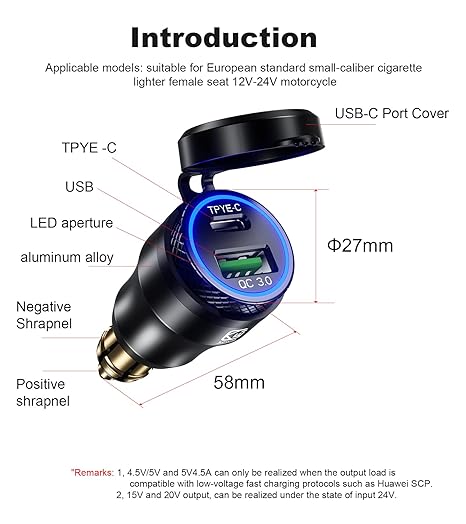 Kewig Aluminum DIN Hella Plug to Dual QC3.0 USB & Type-C Quick Charger Waterproof Adapter for 12V-24V BMW Ducati Triumph Motorcycle Hella DIN Socket (Black with Blue Light) (KWG-B8)